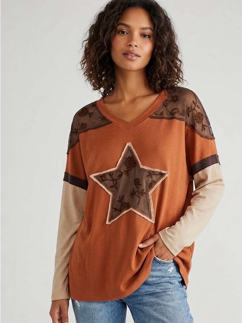 Sage + Fig Boho Floral Star Long Sleeve Top Size Small
